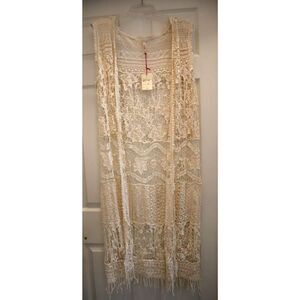 Raga x Anthropologie Women's Sz S Beige Open Front Sleeveless Crochet Cardigan